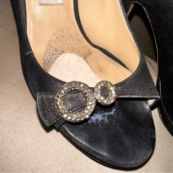 Jimmy Choo Black Leather Stiletto Heels Rhinestone Peep-Toe Shoe EU 37 - Picture 3 of 9